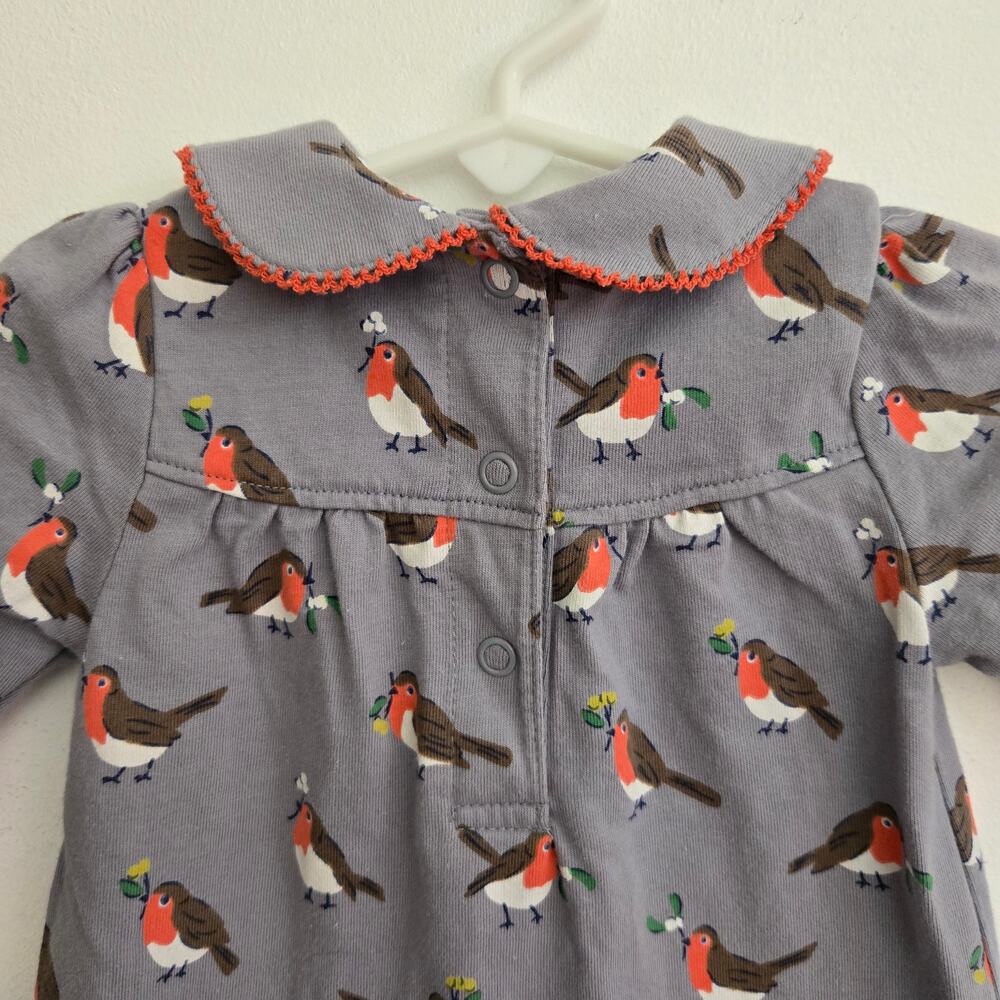 Baby Boden Girl Robin Bird Print Dress Long Sleeve Cotton Fall Gray 3-6 Months - Picture 5 of 10